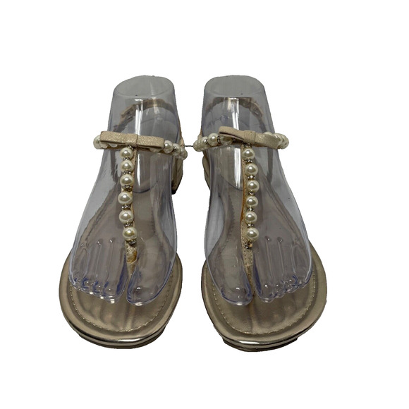 Unisa Gold T-strap Flat Sandals Pearls And Rhinestones Size 6.5 M - Picture 1 of 7